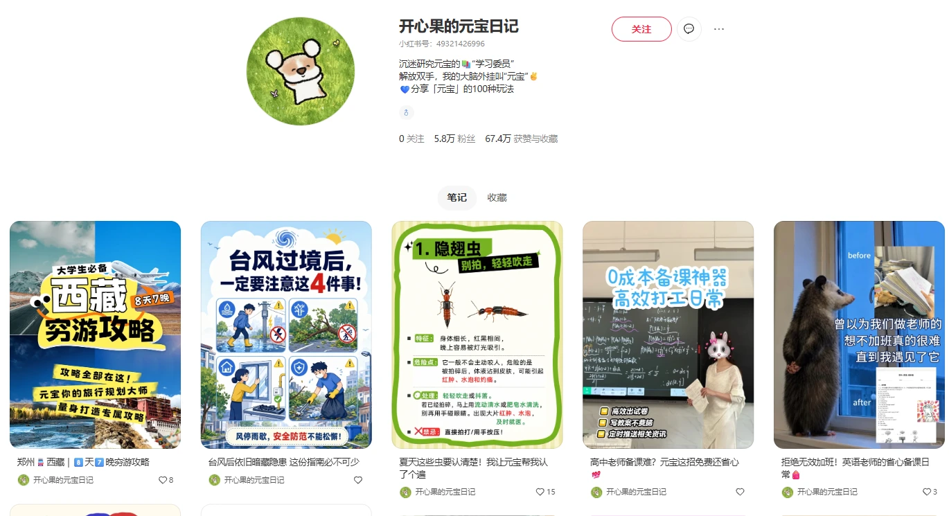 开心果的元宝日记的完整公开主页内容截图